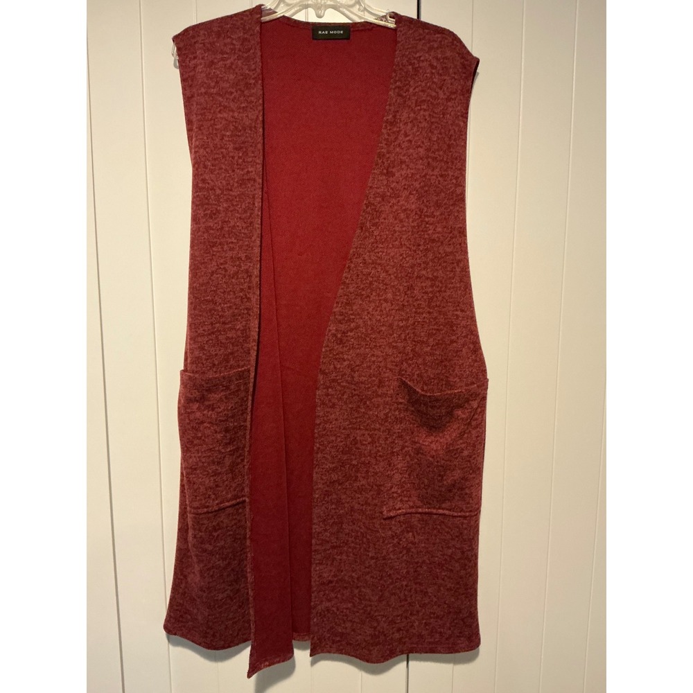 Rae Mode Womens Red Marled Knit Duster Vest Cardigan Pockets Belted Lagenlook